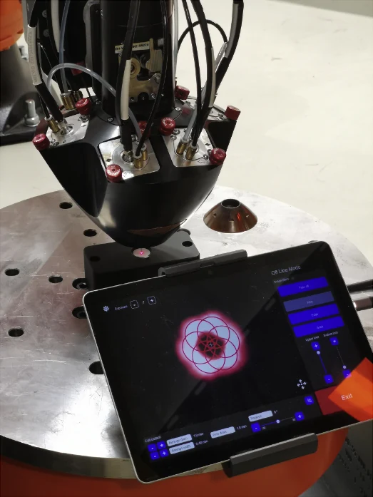 Camera view used to evaluate wire and laser alignment at the deposition head