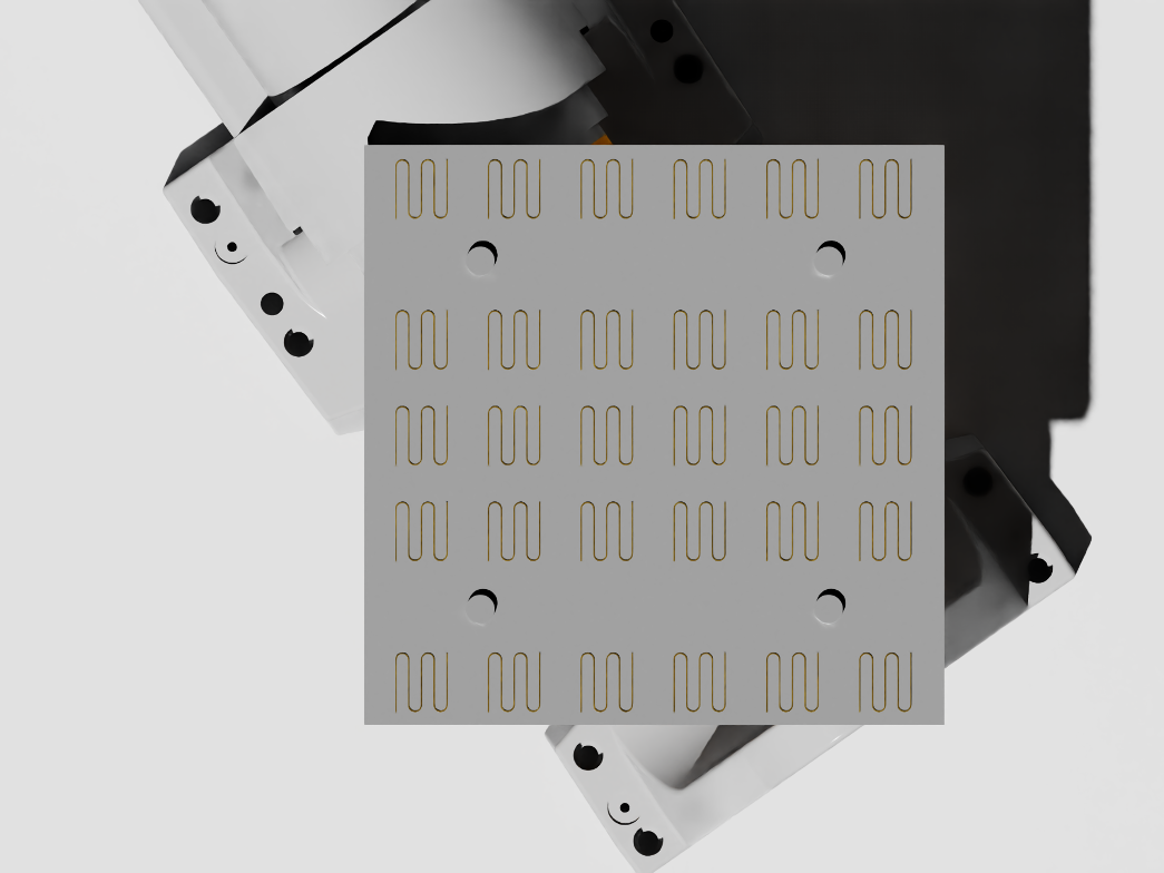Physical WLAM test matrix with 30 meander-shaped SS316L samples arranged across five laser powers and six standoff distances